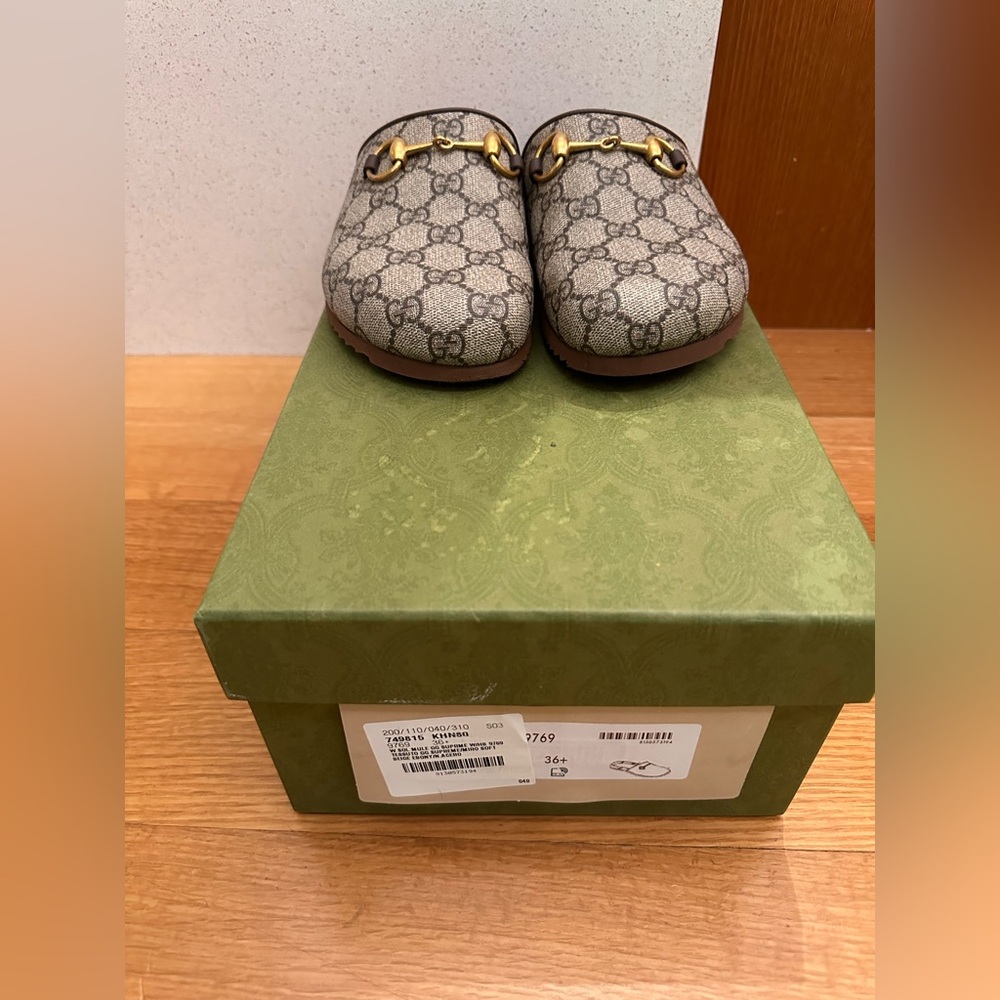 Gucci Beige Monogram Mules with Gold Hardware - Picture 5 of 10